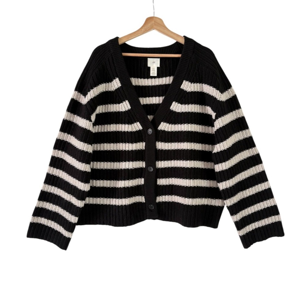 H&M Oversized Chunky Rib Knit Cardigan Sweater V-neck Black Cream XXL Boxy Wool